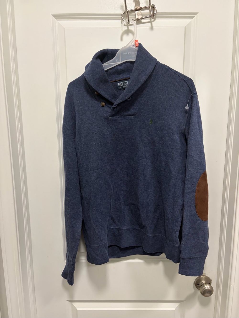 Ralph Lauren Navy Shawl-Collar Sweater with Brown Elbow Patches